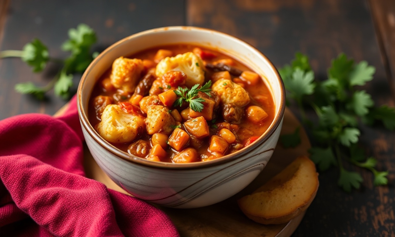 Hearty curried lentil cauliflower stew to warm up.