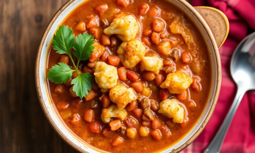 Hearty curried lentil cauliflower stew to warm up your soul.