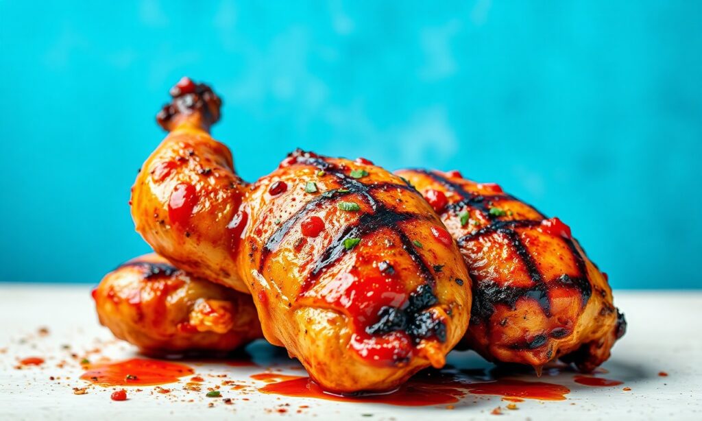 Mastering spicy grilled chicken, fiery flavors, marinated for bold taste.