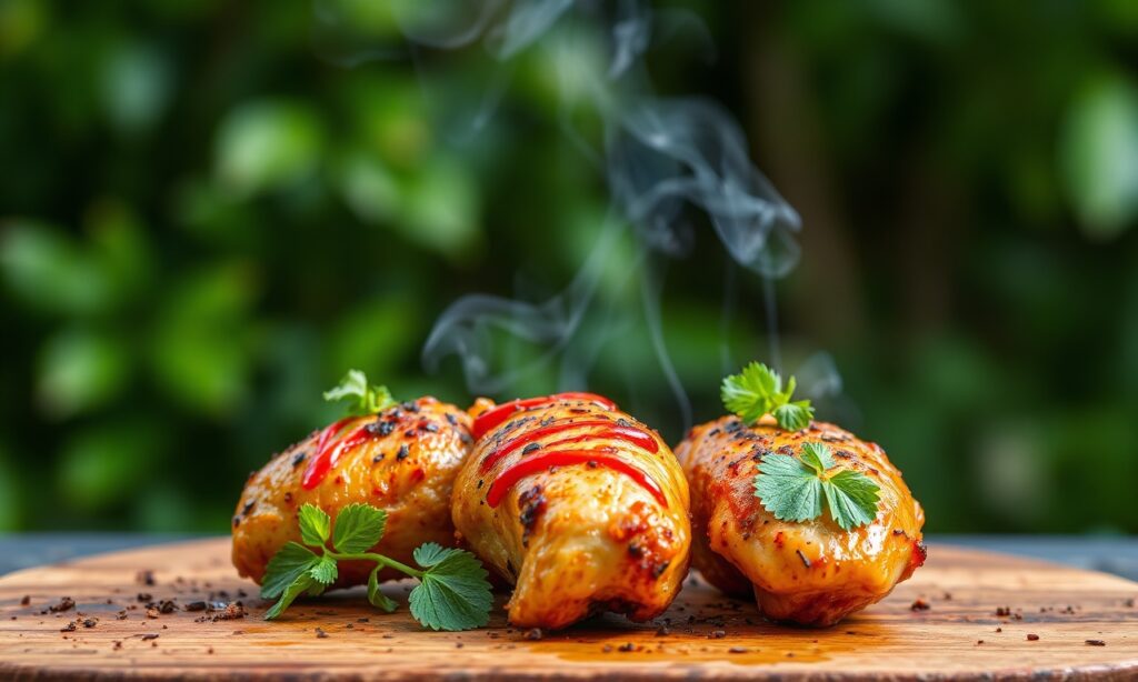 Mastering spicy grilled chicken with fiery flavors.