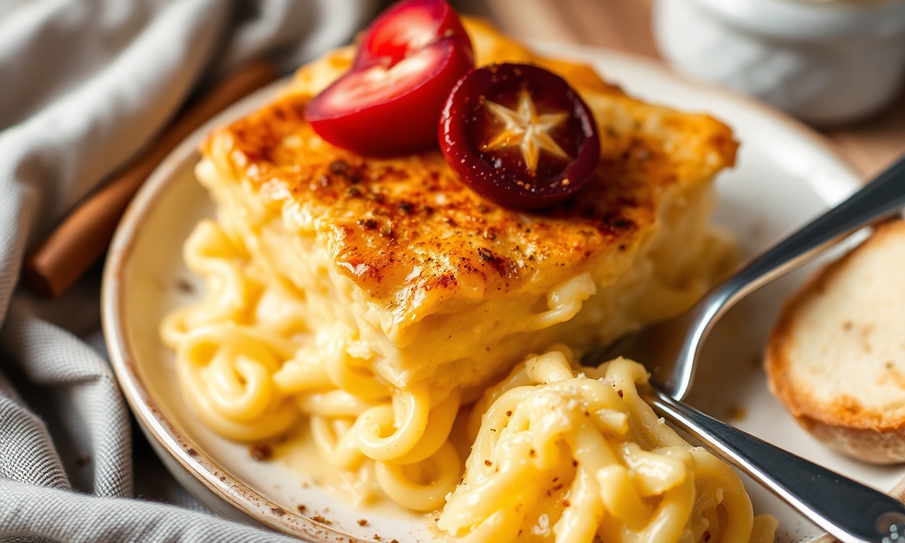 Decadent sweet noodle kugel: creamy, delicious custard delight recipe.
