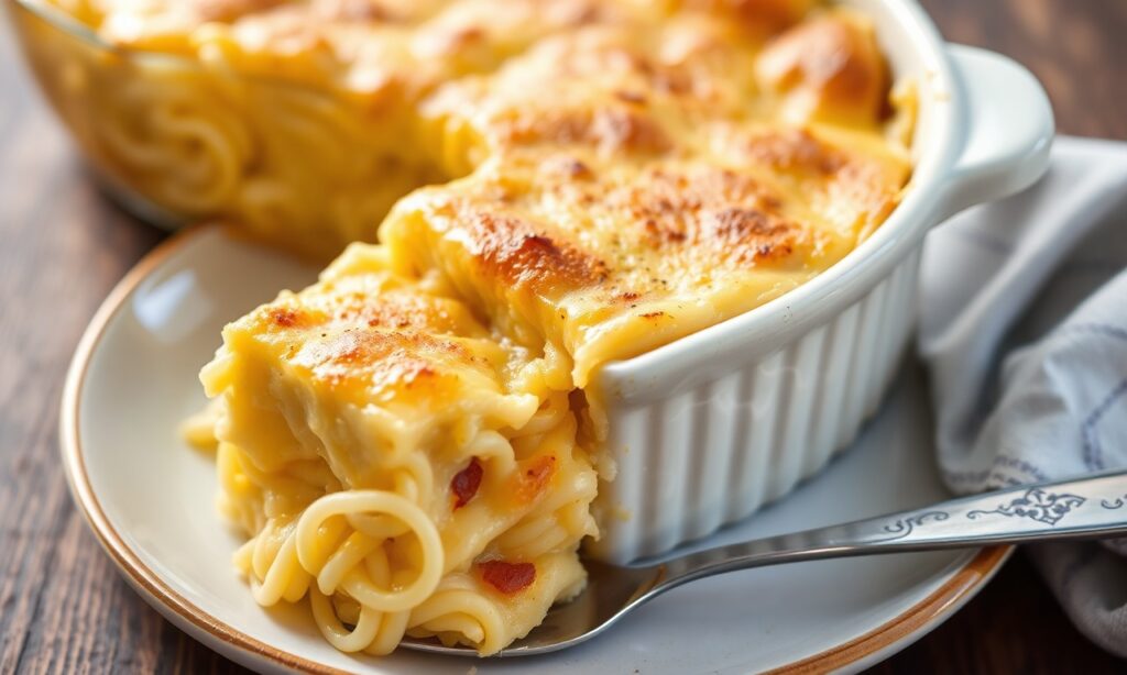 Decadent sweet noodle kugel: creamy custard delight, ultimate comfort food.