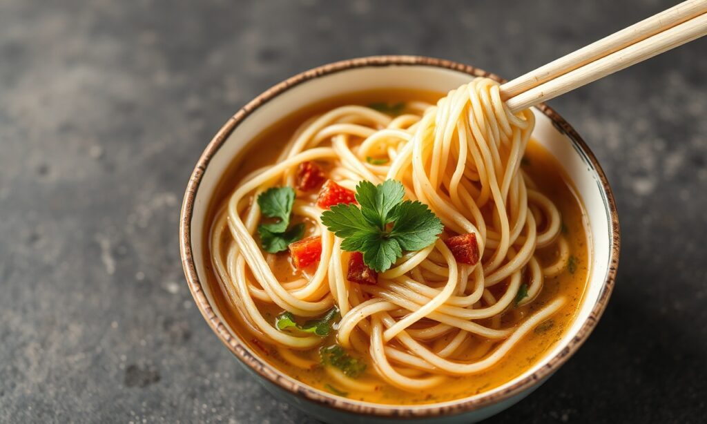 Delicious refreshing chilled buckwheat noodles in savory broth.