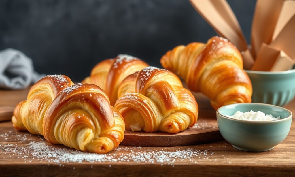 Irresistible flaky croissant rolls baking, filling home with aroma.