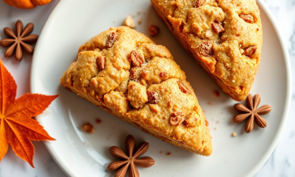 Irresistible vegan pumpkin spice scones with autumn leaves.