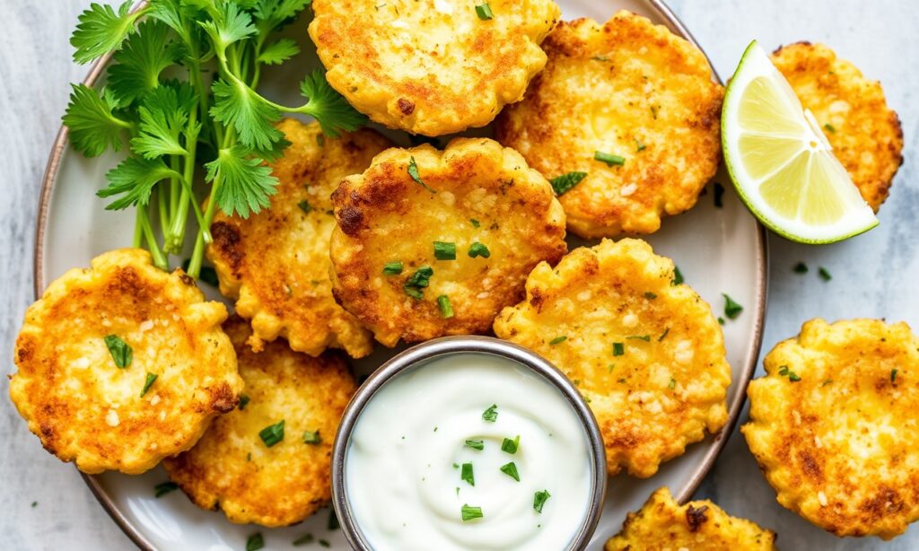Crispy zucchini corn fritters with zesty cilantro-lime aioli.
