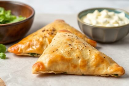 Delicious vegan spanakopita triangles: healthy Greek treat.