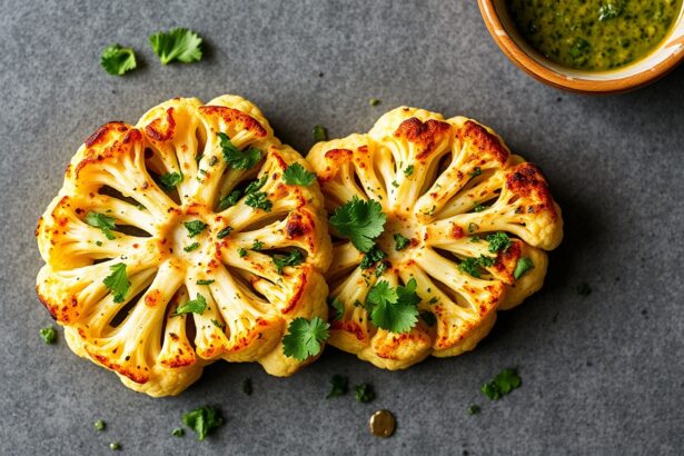 Irresistible roasted cauliflower steaks with vibrant chimichurri sauce.