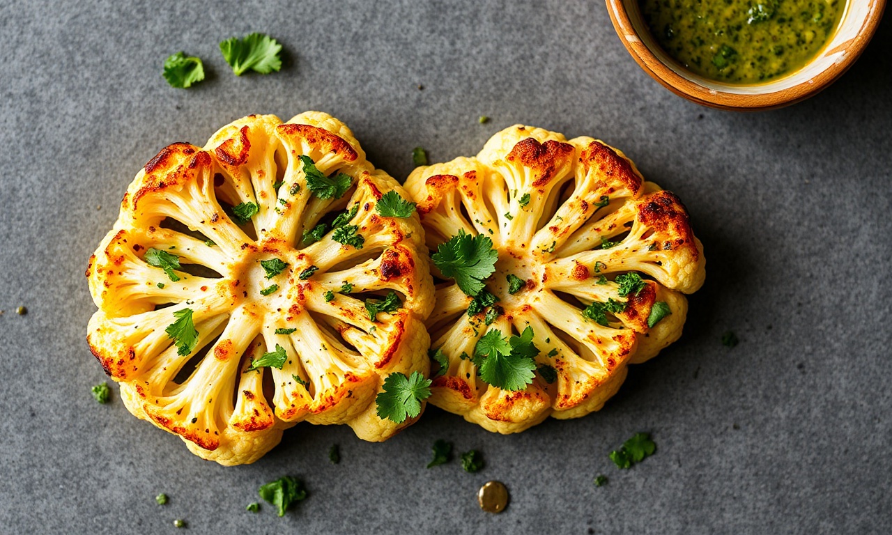 Irresistible roasted cauliflower steaks with vibrant chimichurri sauce.