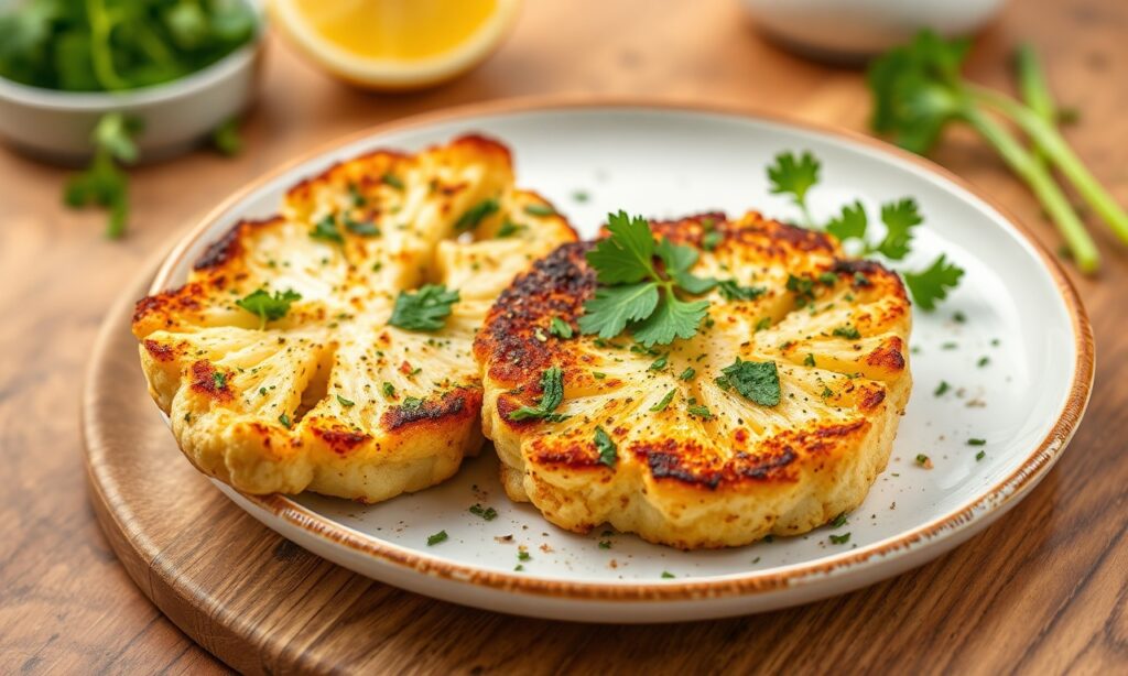 Irresistible roasted cauliflower steaks with zesty chimichurri flair.