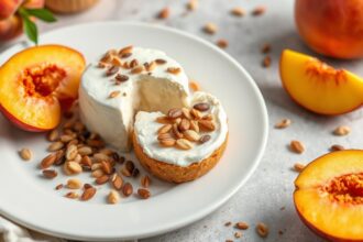 Cottage cheese with peaches and seeds mix, a wholesome delight.
