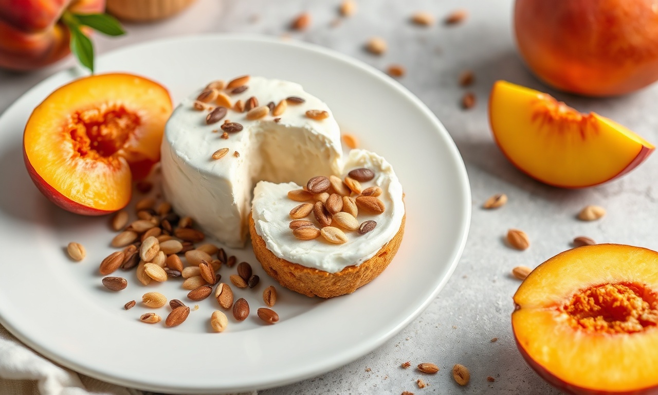 Cottage cheese with peaches and seeds mix, a wholesome delight.