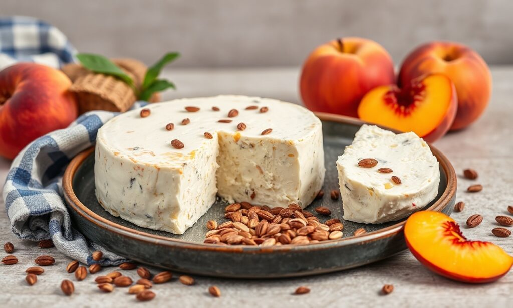Cottage cheese with peaches and seeds: healthy breakfast delight.