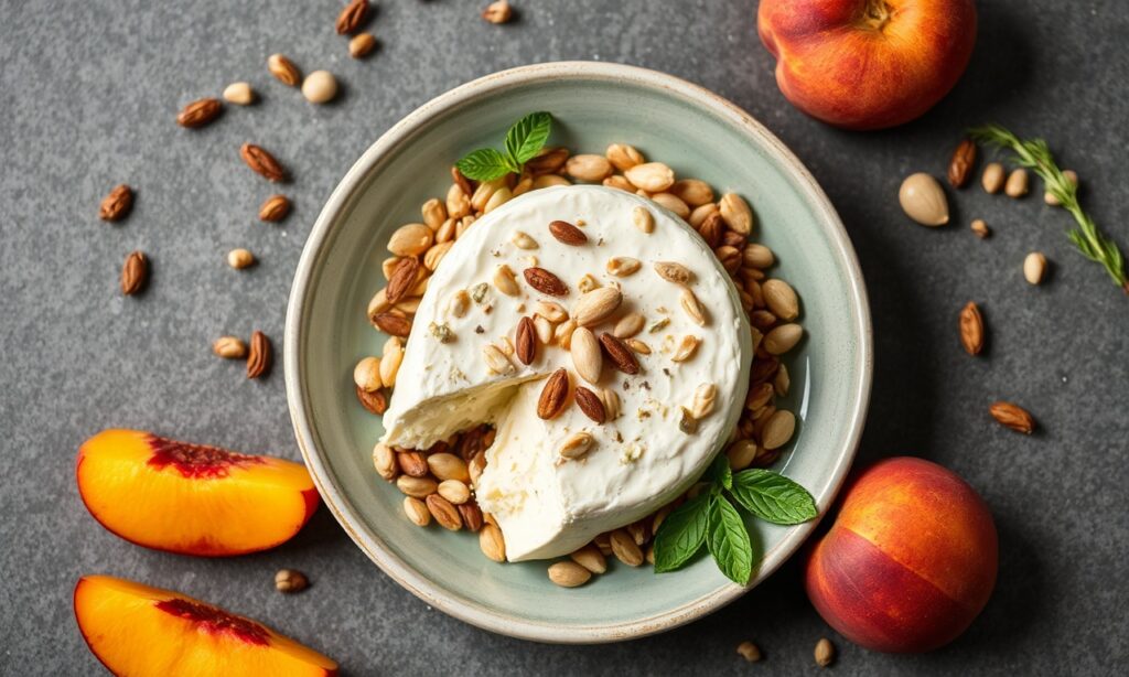 Healthy cottage cheese with peaches and seeds mix, a wholesome snack.