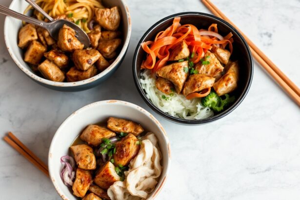 Delicious Korean bibimbap bowl with marinated chicken.