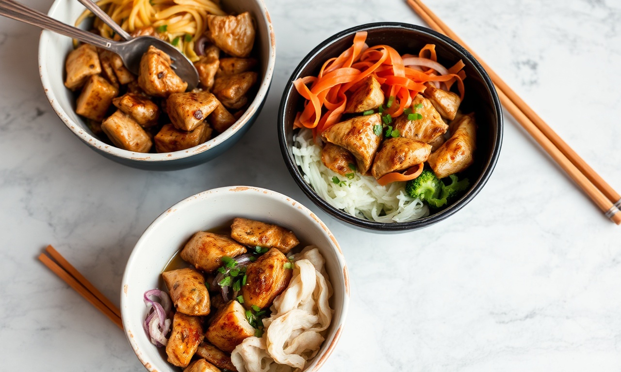 Delicious Korean bibimbap bowl with marinated chicken.