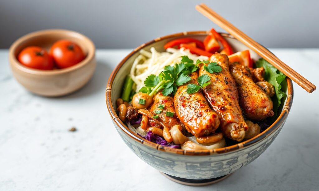 Delicious Korean bibimbap with marinated chicken.
