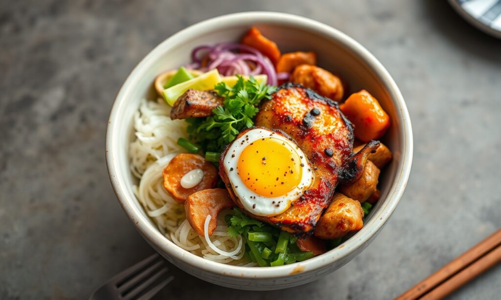 Delicious Korean bibimbap bowl with marinated chicken.