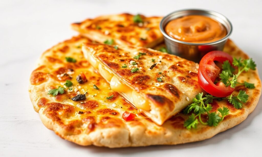 Golden crispy cheese-filled flatbread, a savory delight.