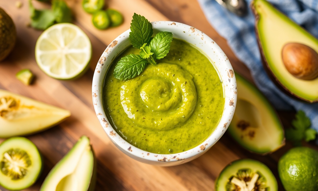 Healthy zesty tomatillo avocado salsa for a fresh flavor boost.