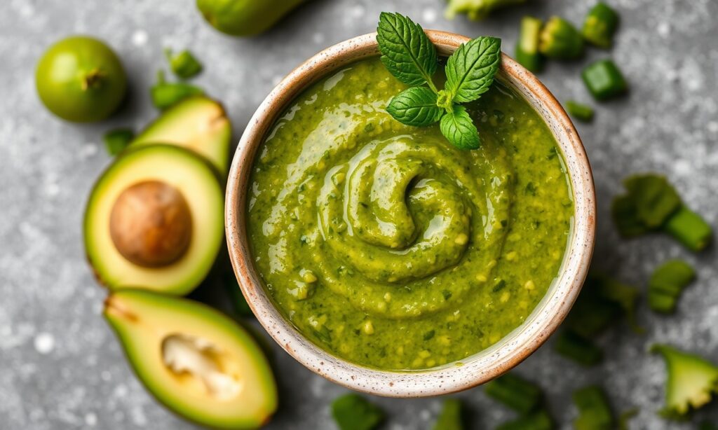 Healthy zesty tomatillo avocado salsa for a fresh flavor boost.