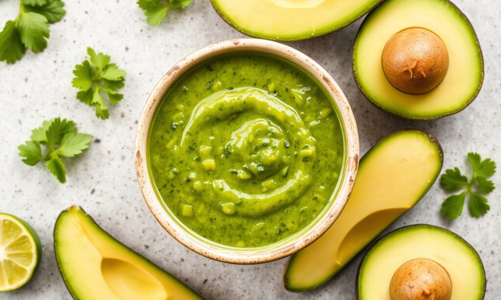Healthy zesty tomatillo avocado salsa: vibrant, fresh, and delicious.