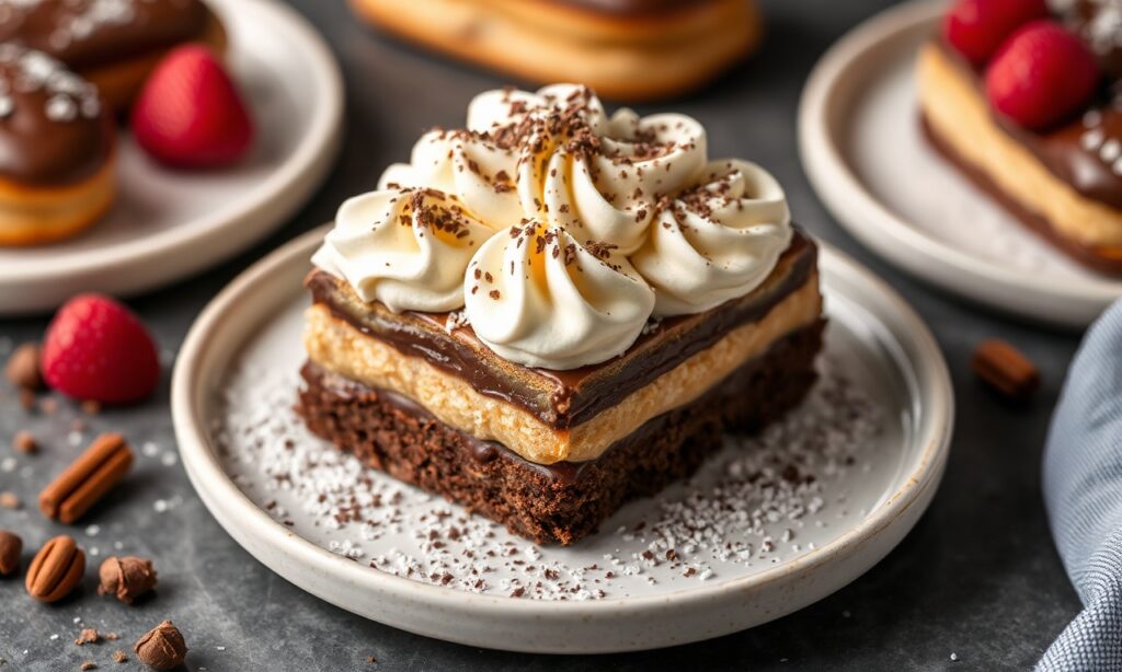 No-bake chocolate éclair cake, an effortless dessert.
