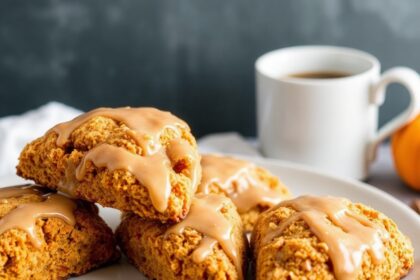 Irresistible gluten-free pumpkin scones with maple glaze.