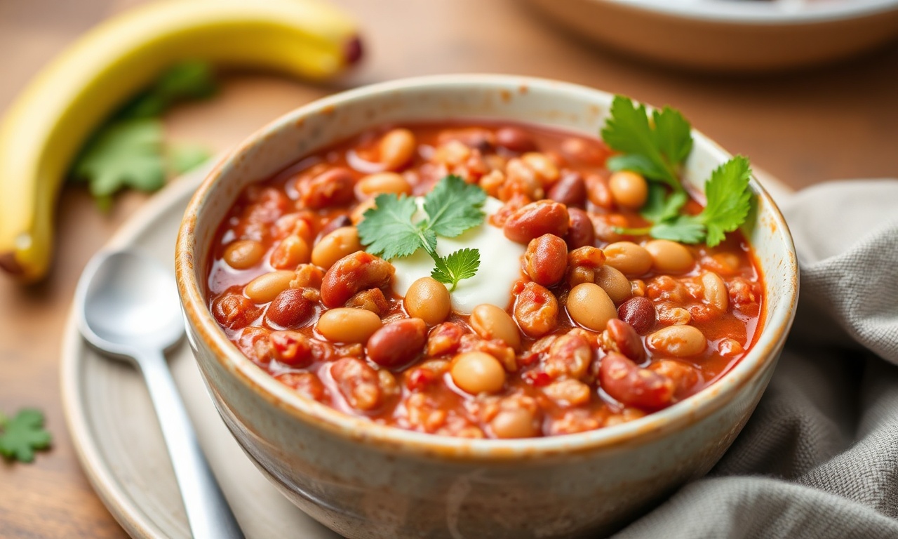 Wholesome vegan three-bean chili, quick and easy.