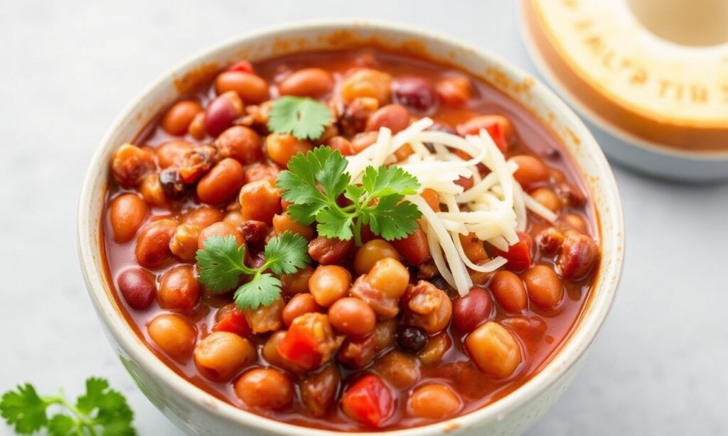 Wholesome vegan three-bean chili: quick, comforting, nourishing meal.