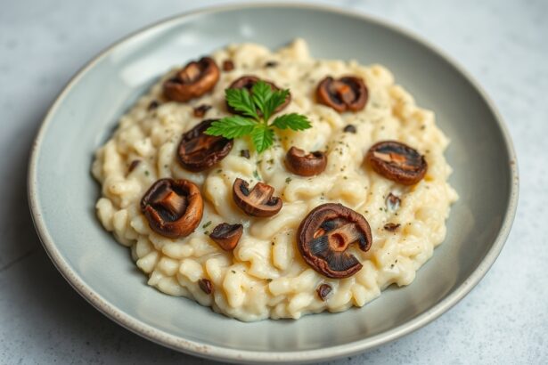 Decadent creamy vegan mushroom cauliflower risotto.