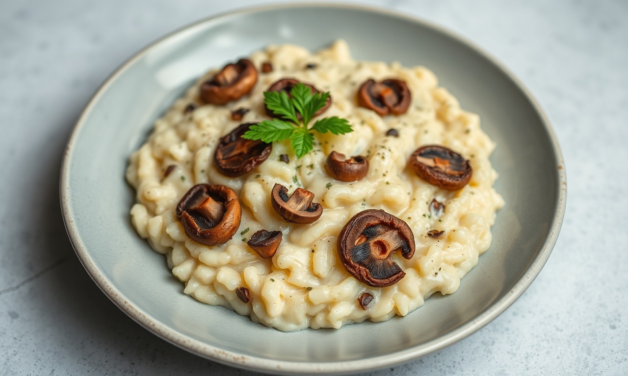 Decadent creamy vegan mushroom cauliflower risotto.