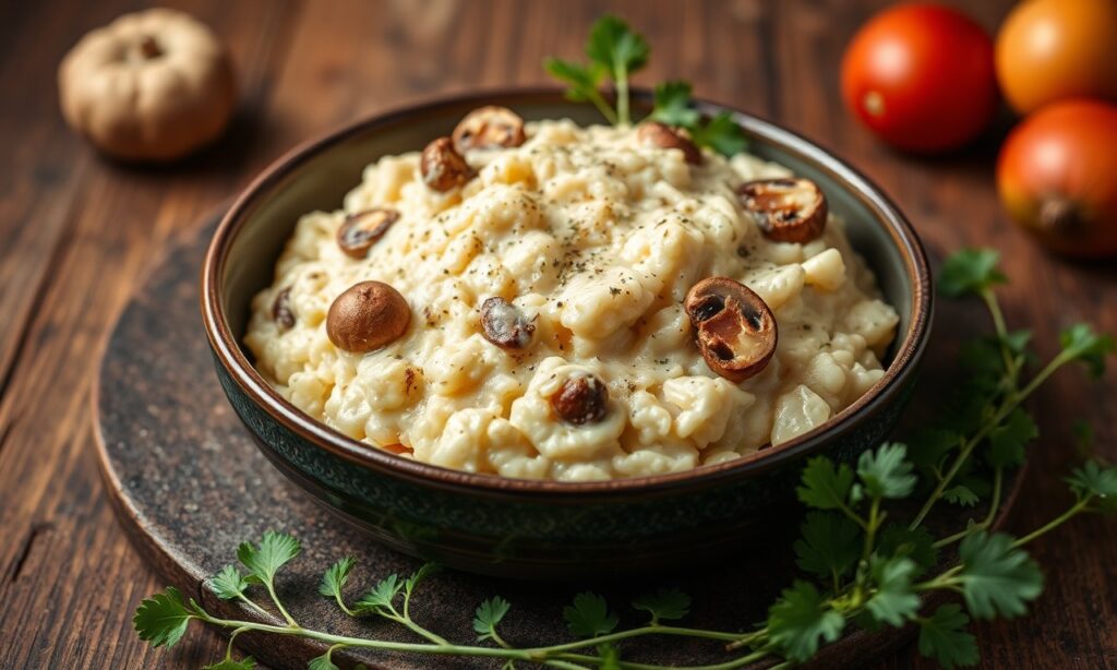 Decadent creamy vegan mushroom cauliflower risotto, a compassionate and delicious meal.