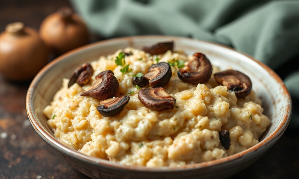 Decadent creamy vegan mushroom cauliflower risotto, rich and velvety.