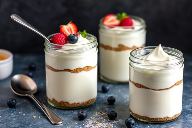 Creamy Greek yogurt cheesecake jars, healthy dessert.