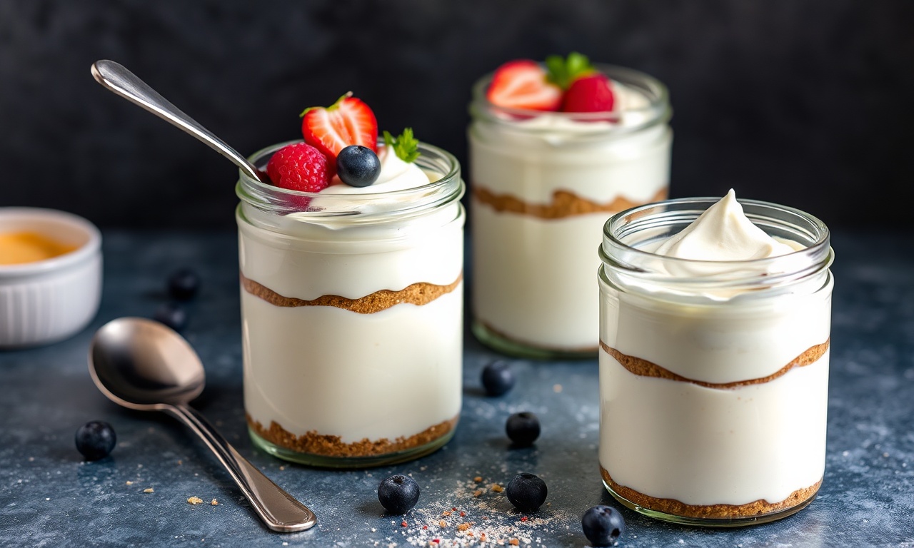 Creamy Greek yogurt cheesecake jars, healthy dessert.