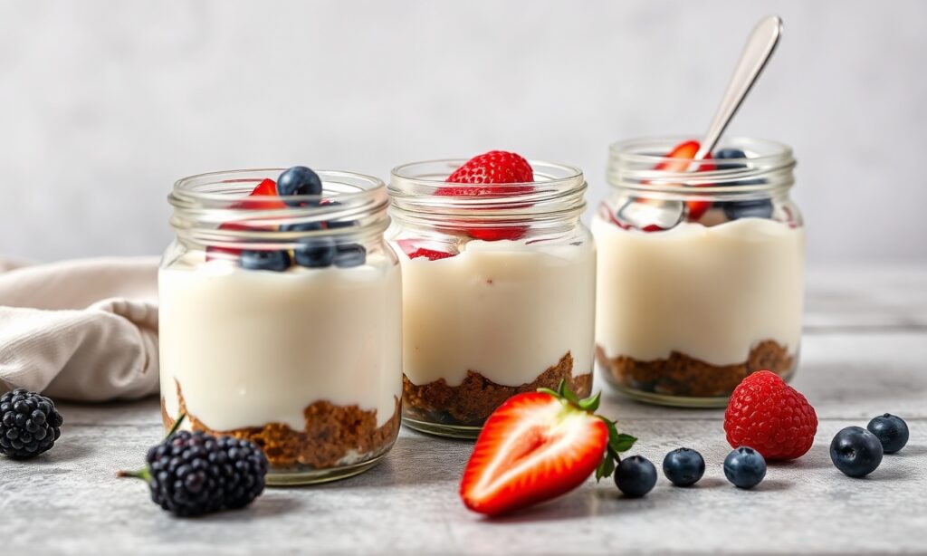 Creamy Greek yogurt cheesecake jars: healthy, delicious dessert.