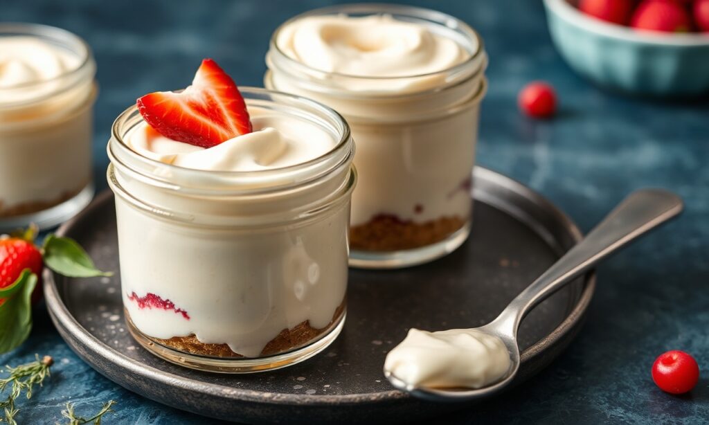 Creamy Greek yogurt cheesecake jars, healthy, velvety, indulgent dessert.