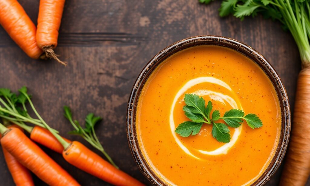 Fiery Thai coconut carrot soup, vibrant fusion delight.