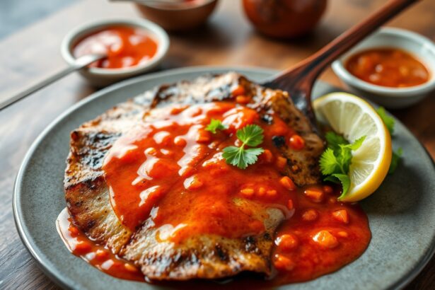 Spicy grilled stingray with fiery sambal, savory seafood.