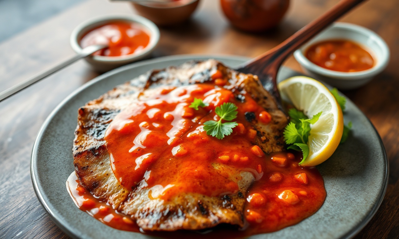 Spicy grilled stingray with fiery sambal, savory seafood.