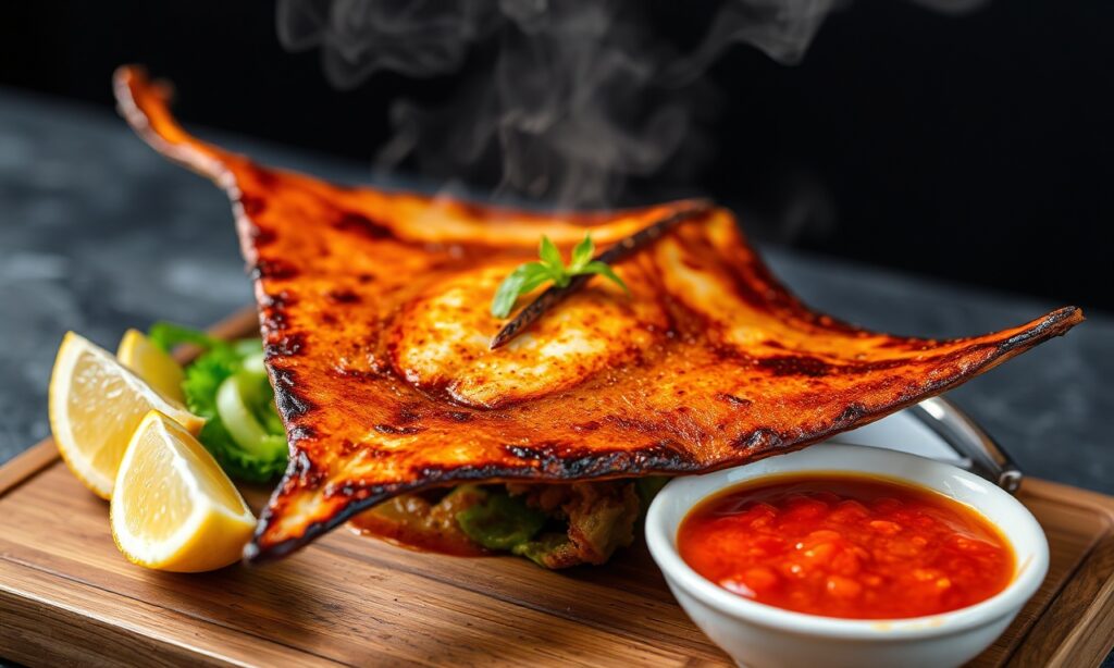 Spicy grilled stingray with fiery sambal, a daring culinary adventure.