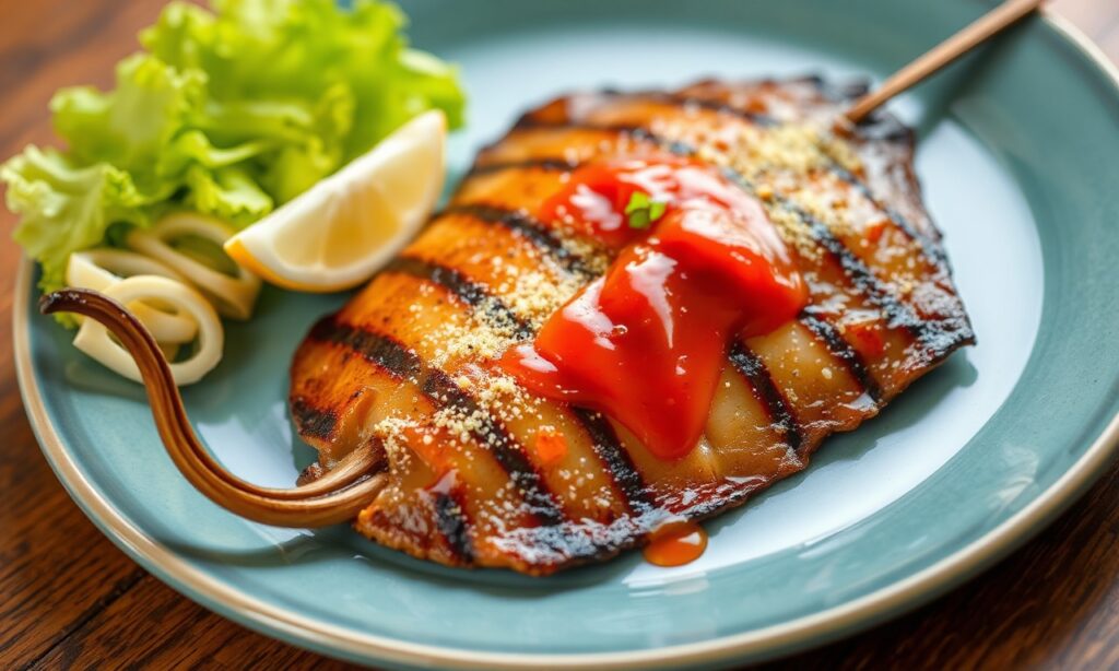 Delicious grilled stingray with spicy sambal.
