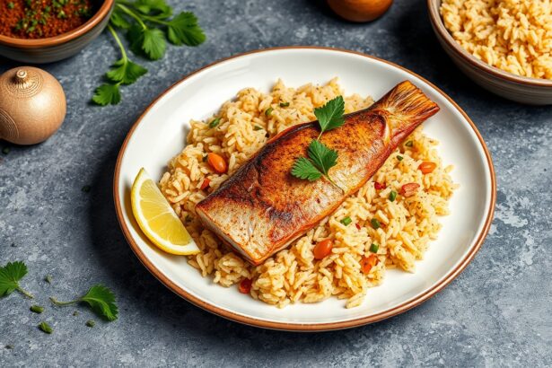 Aromatic spiced fish with flavorful rice pilaf delight.