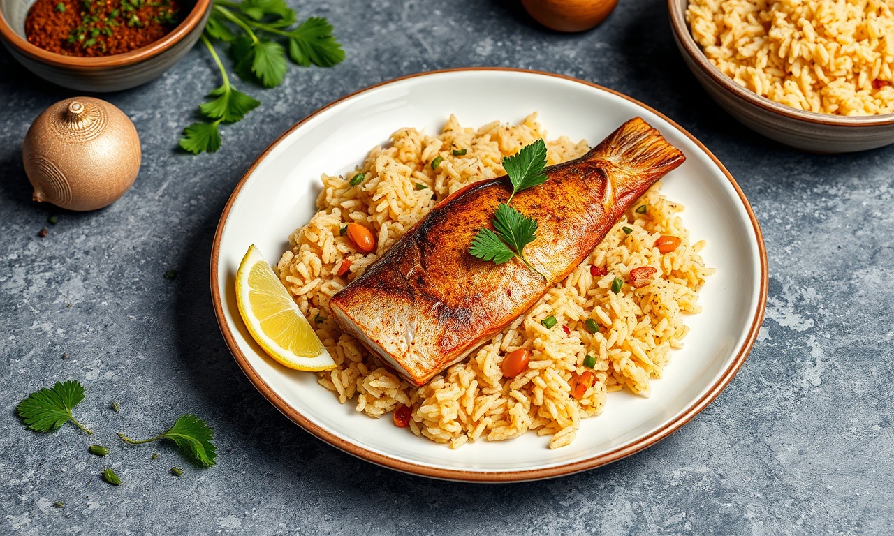 Aromatic spiced fish with flavorful rice pilaf delight.
