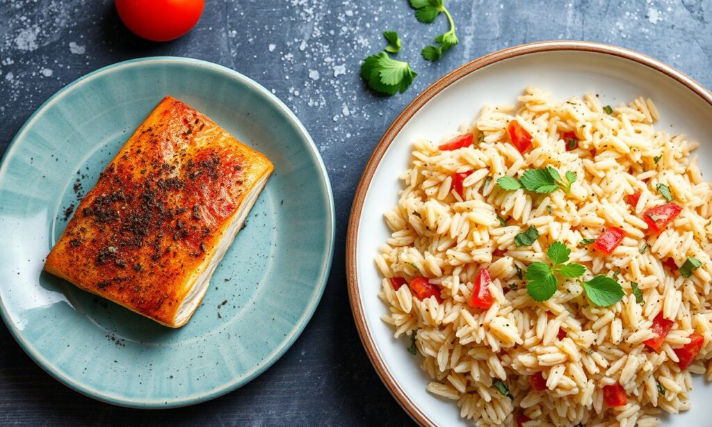 Aromatic spiced fish and flavorful rice pilaf delight.