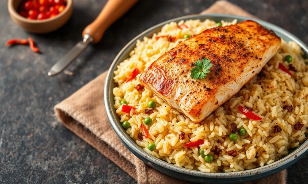 Aromatic spiced fish with flavorful rice pilaf delight.