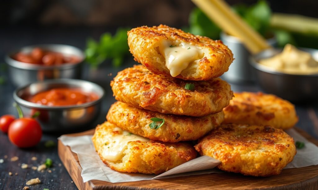 Crispy stuffed potato and cheese fritters, a flavorful delight.