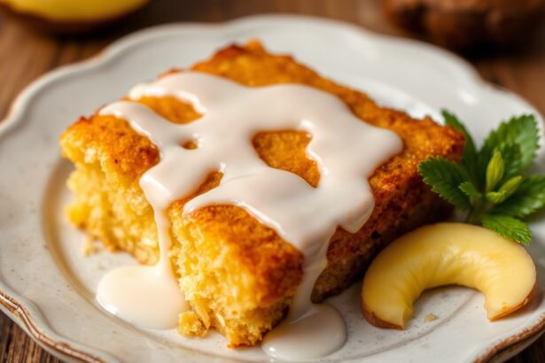 Golden toasted cassava cake with coconut glaze, delicious dessert.