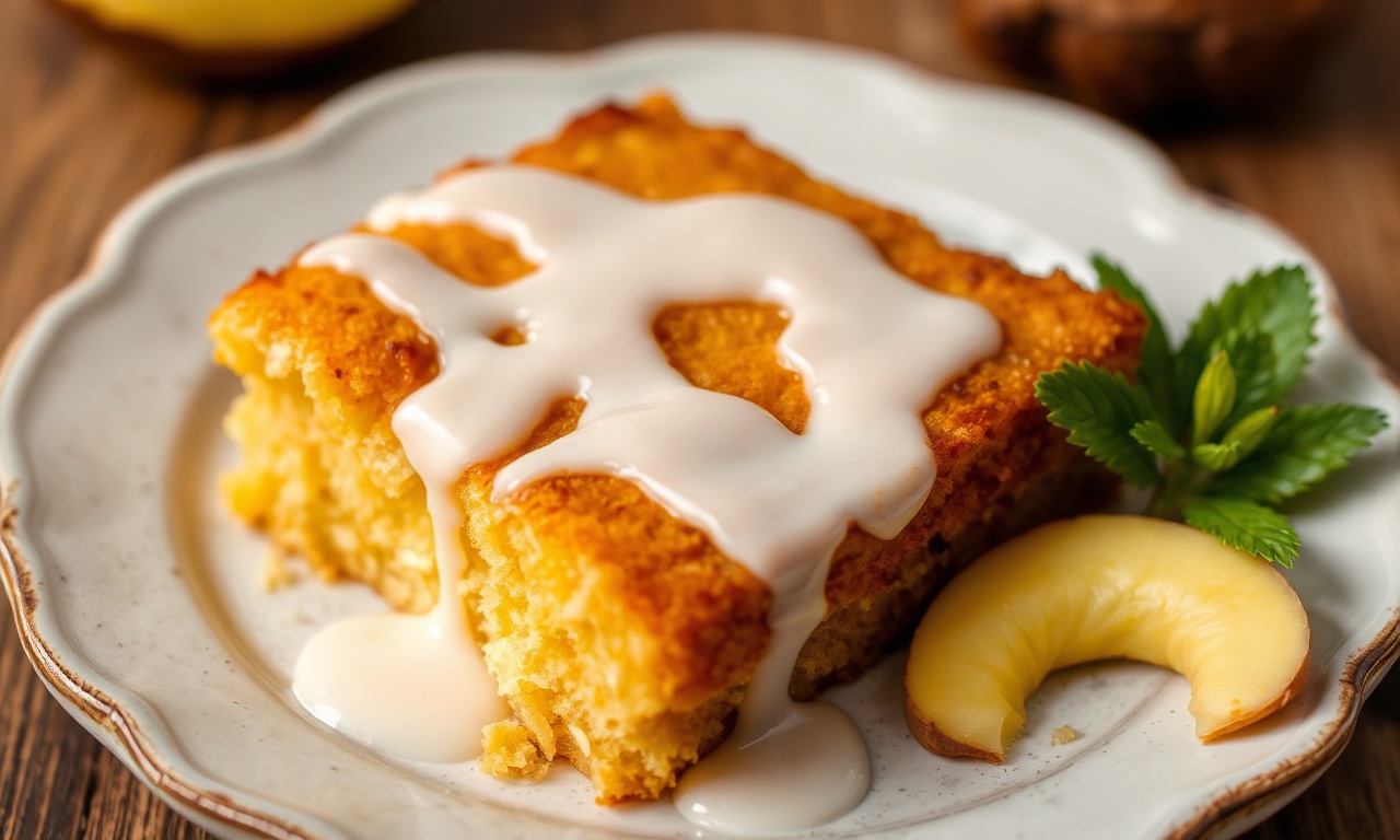 Golden toasted cassava cake with coconut glaze, delicious dessert.